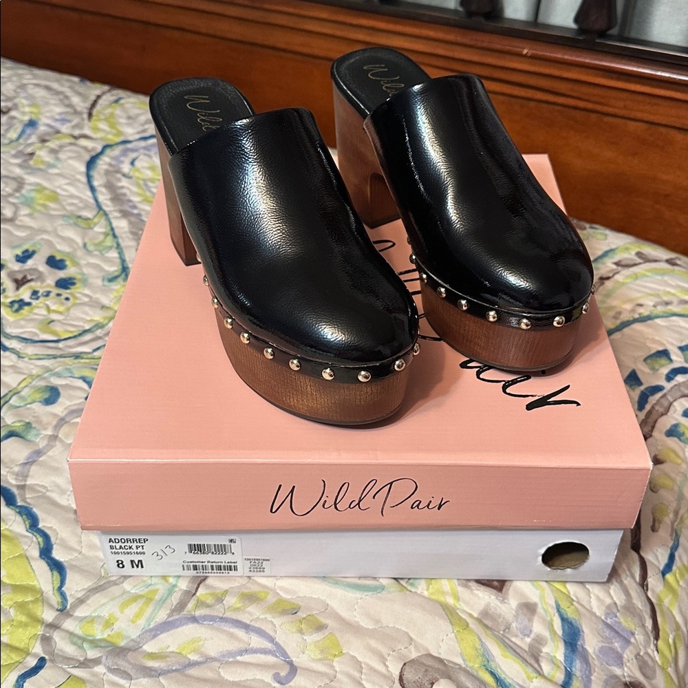 Wild Pair Black Leather Mules with Wooden Heel